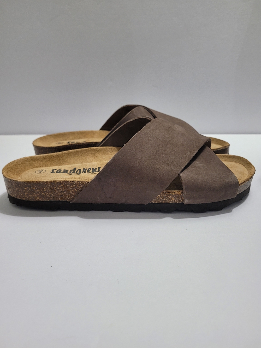 Sandgrens Soria Cork Sandal Walnut Brown Nubuck Leather Cross Strap Slide